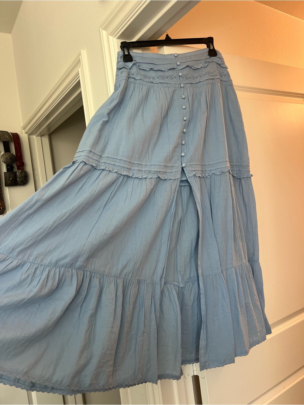 aerie Light Blue Tiered Button-Front Maxi Skirt